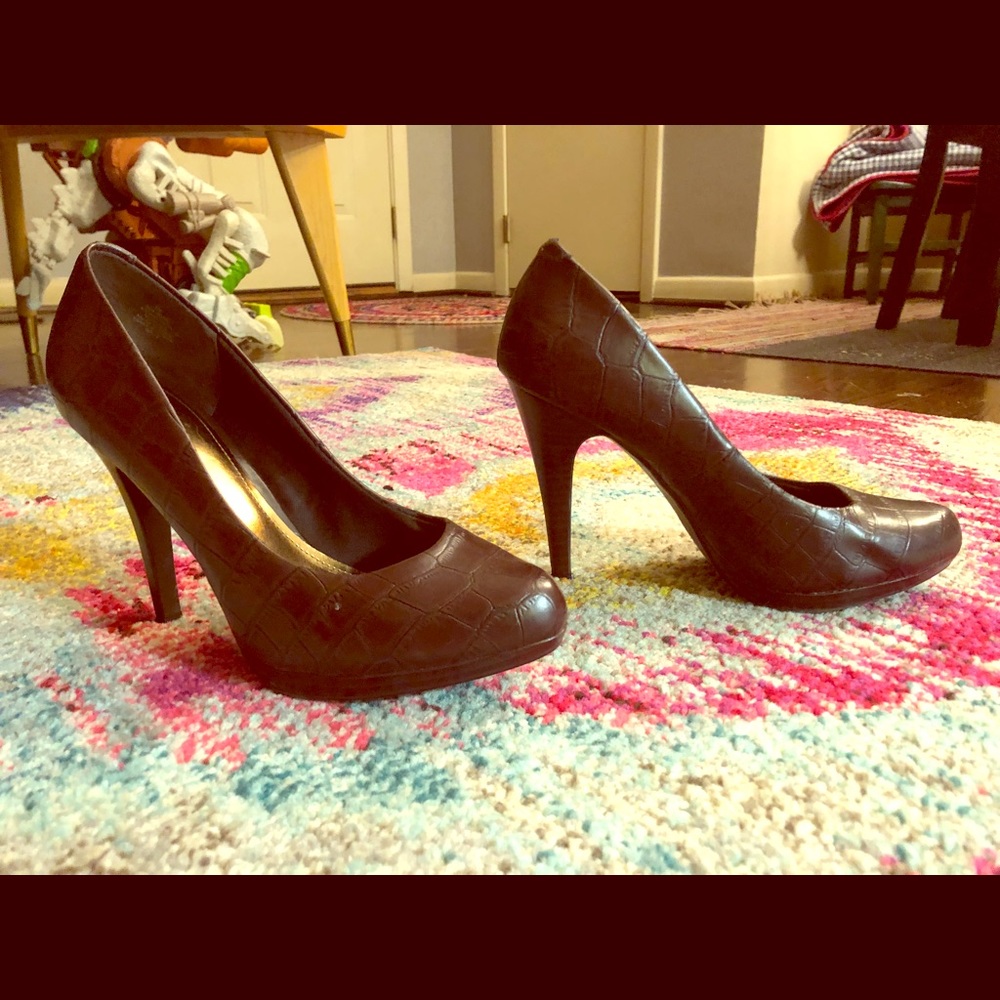 Brown faux alligator skin platform heels